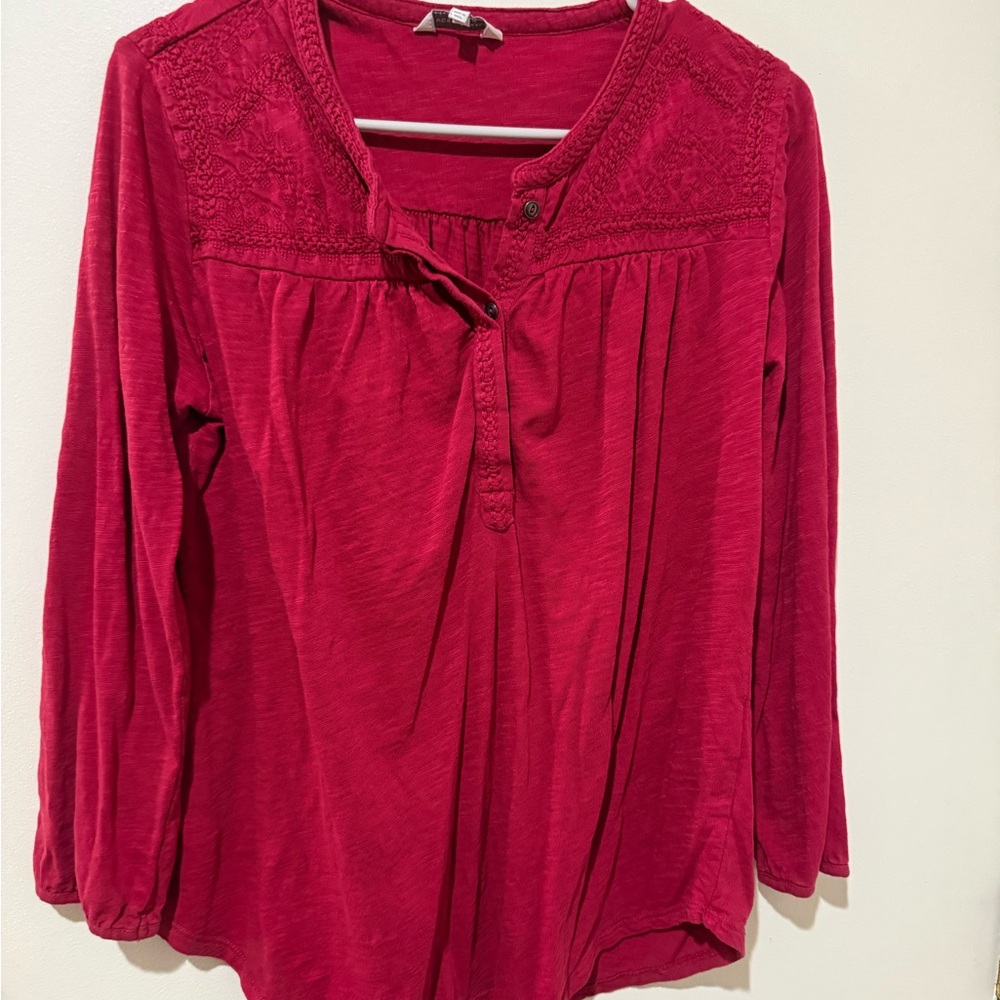 Lucky Brand Red Embroidered Long Sleeve Peasant Blouse - Size M